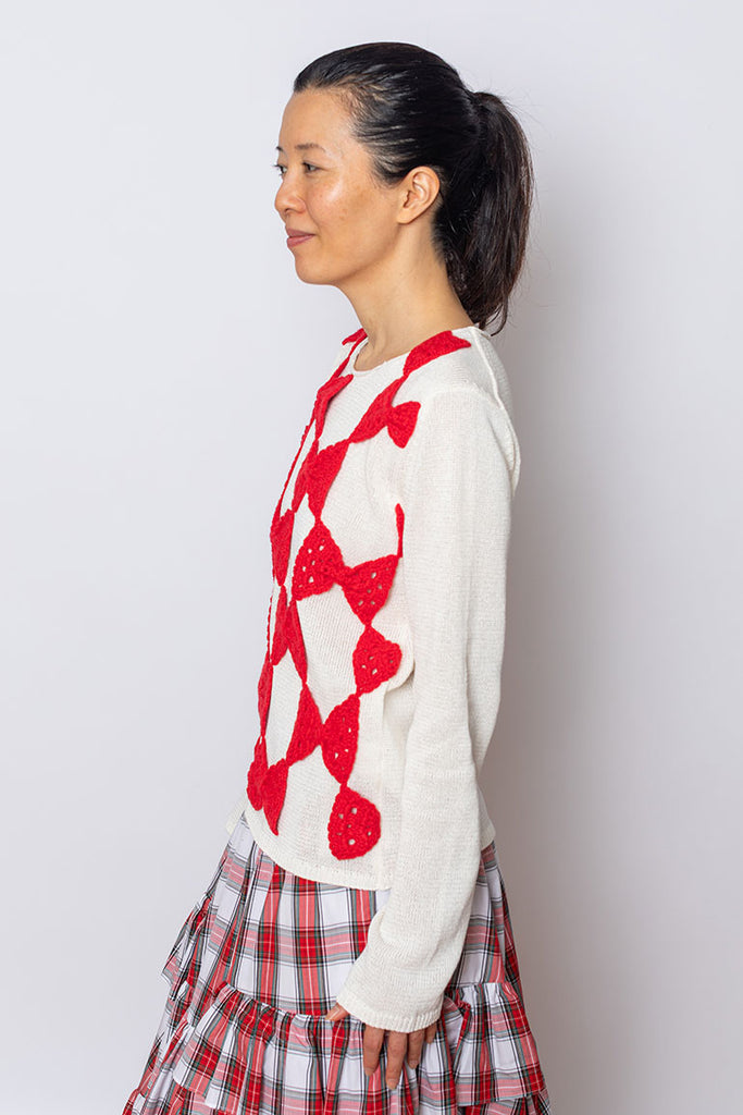 Crochet Bow Sweater - Cream/Red