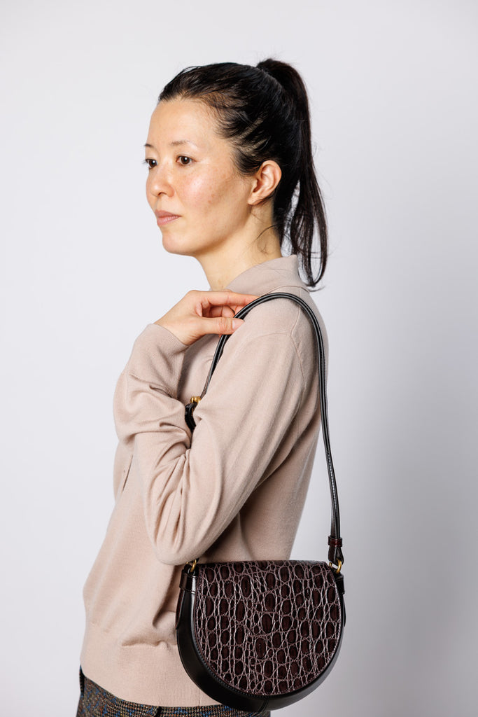 Crocodile Embossed Leather Shoulder Bag - Black