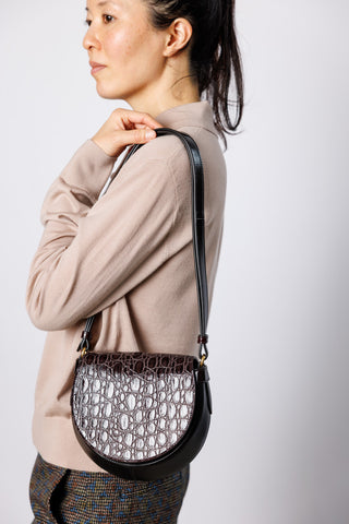 Crocodile Embossed Leather Shoulder Bag - Black