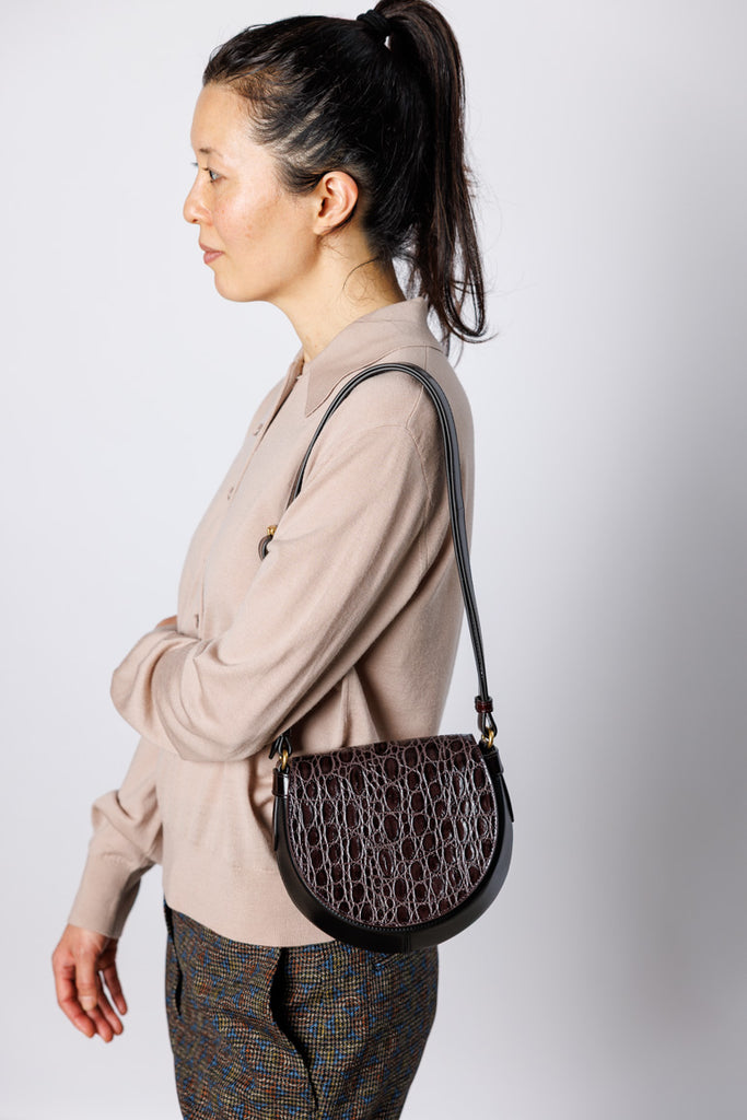 Crocodile Embossed Leather Shoulder Bag - Black