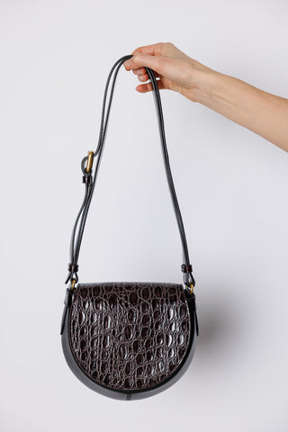Crocodile Embossed Leather Shoulder Bag - Black