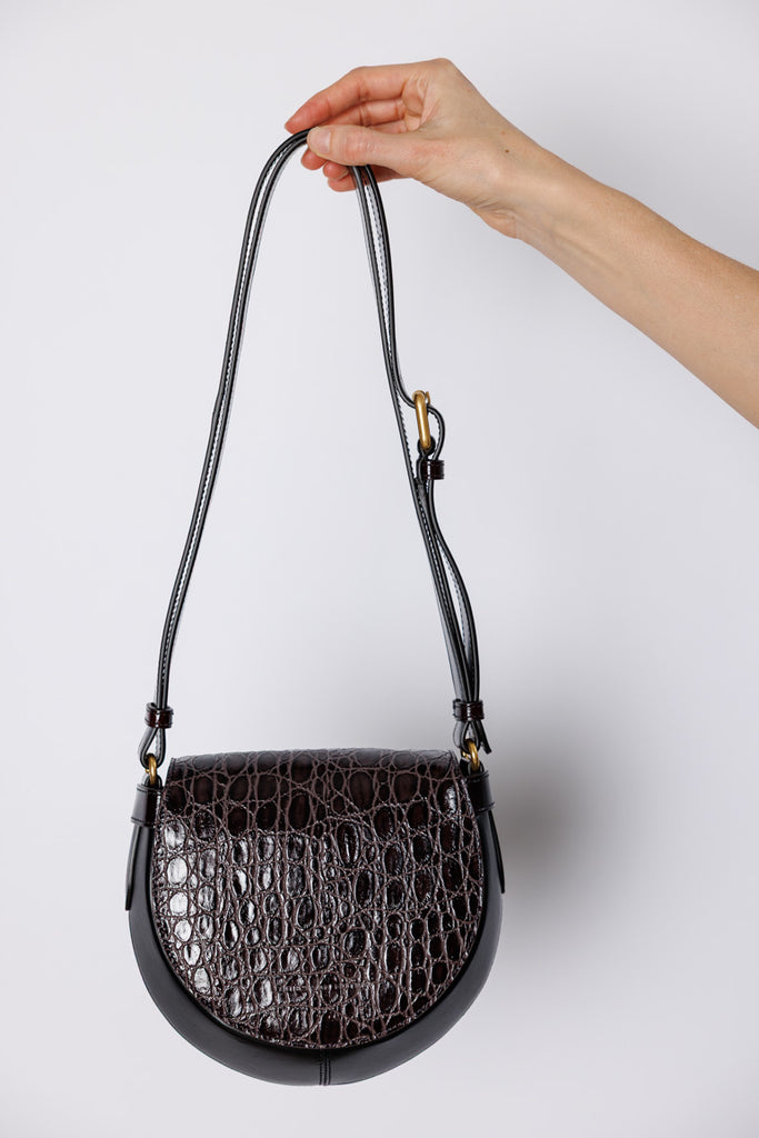 Crocodile Embossed Leather Shoulder Bag - Black