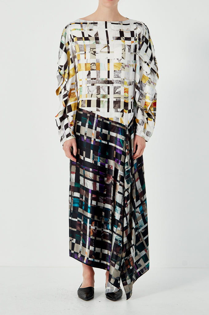 Book Sleeve Drape Dress - White/Black/Multi