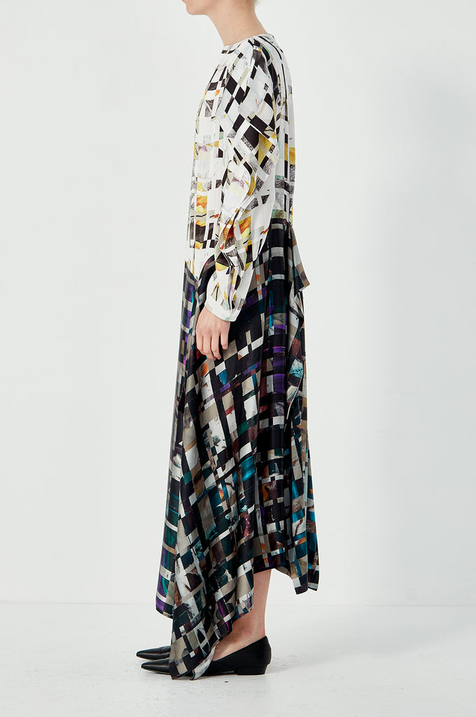 Book Sleeve Drape Dress - White/Black/Multi