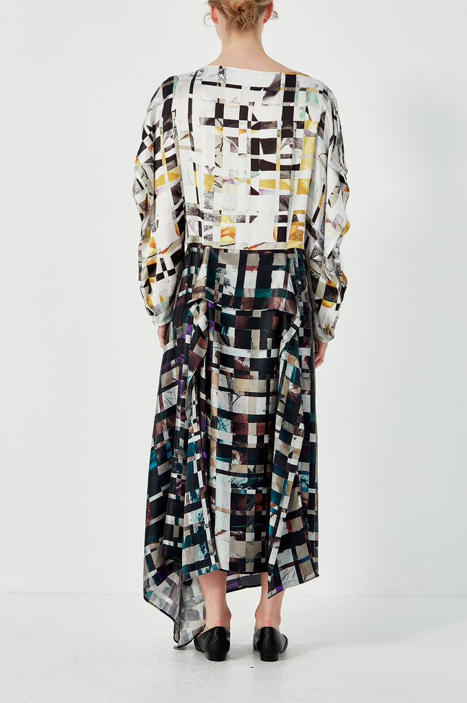 Book Sleeve Drape Dress - White/Black/Multi