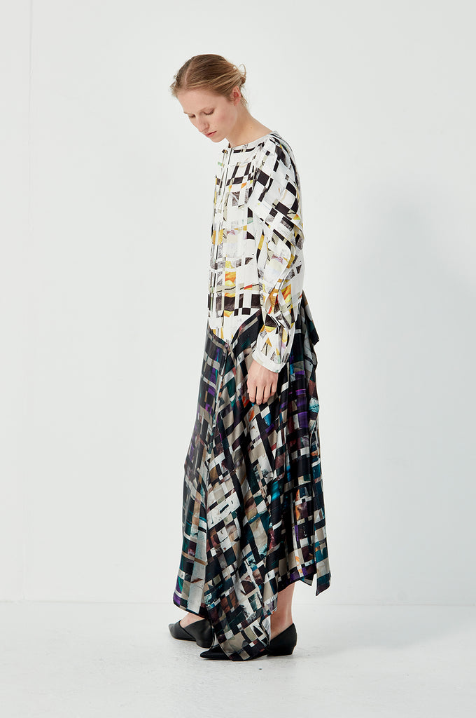 Book Sleeve Drape Dress - White/Black/Multi