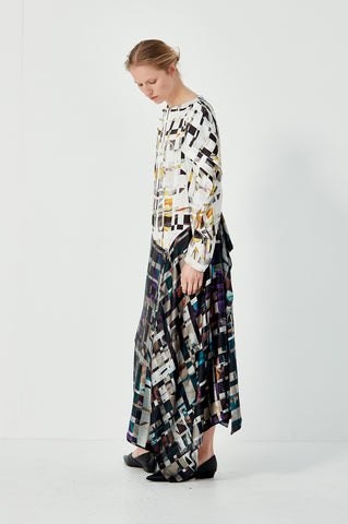 Book Sleeve Drape Dress - White/Black/Multi