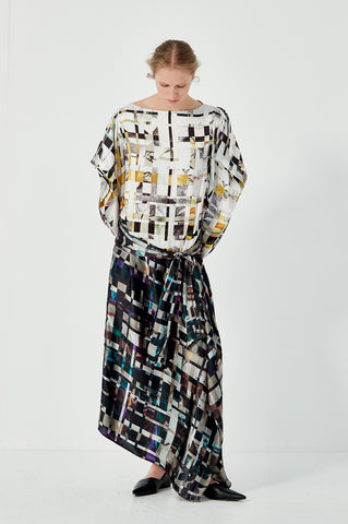Book Sleeve Drape Dress - White/Black/Multi