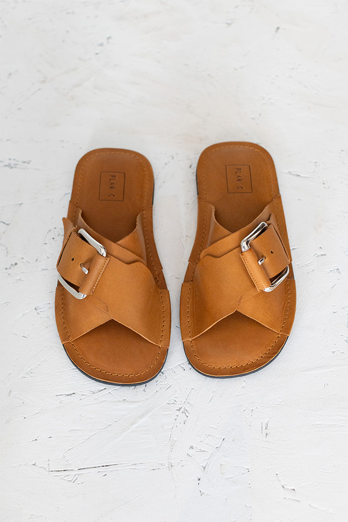 Cross Strap Leather Sandals - Tobacco