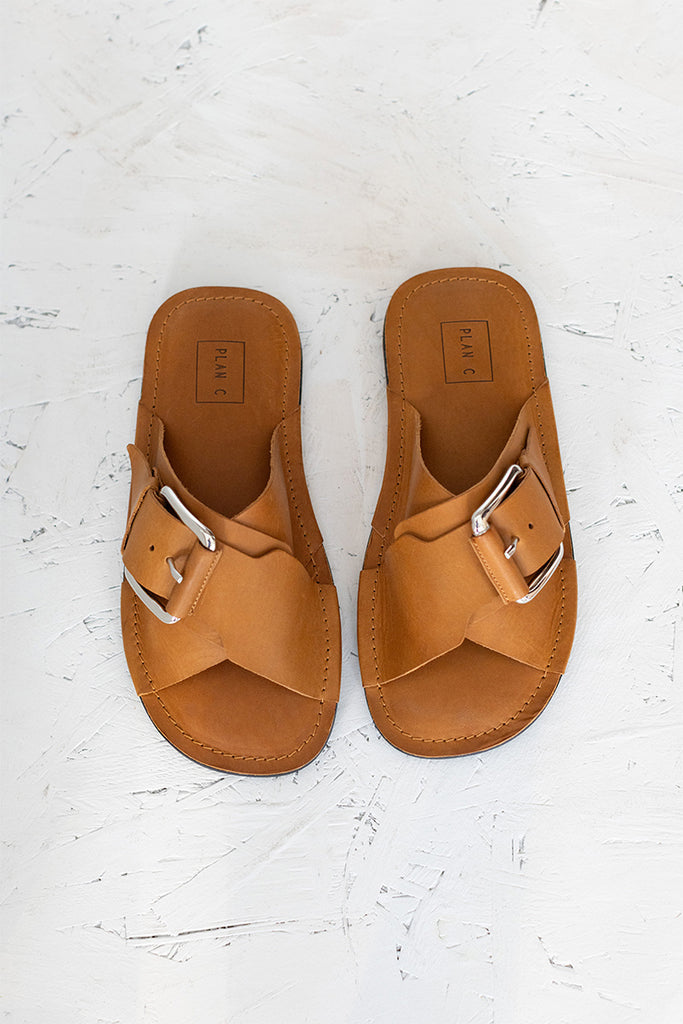 Cross Strap Leather Sandals - Tobacco