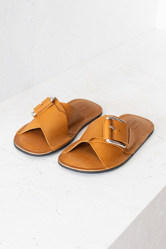 Cross Strap Leather Sandals - Tobacco