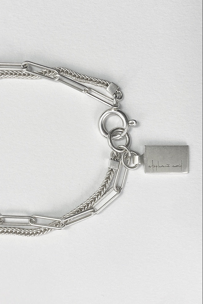 Square Silk Chain &  Long Slim Combination Bracelet - Silver