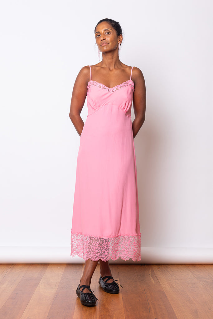 Deep Lace Trim Slip Dress - Bright Pink