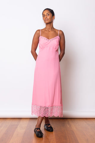 Deep Lace Trim Slip Dress - Bright Pink