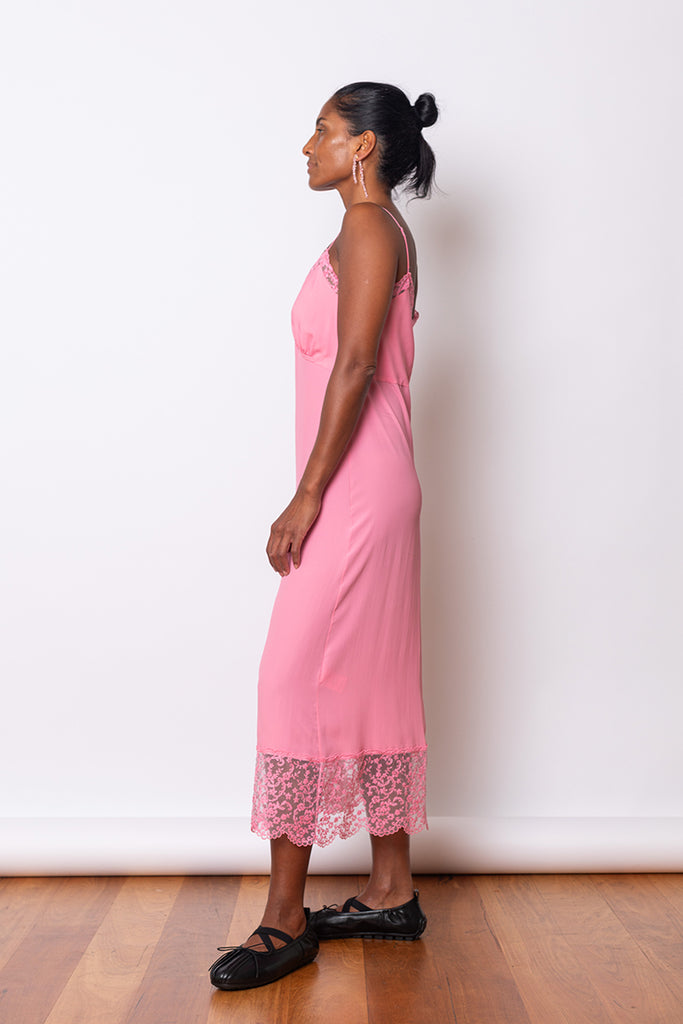 Deep Lace Trim Slip Dress - Bright Pink