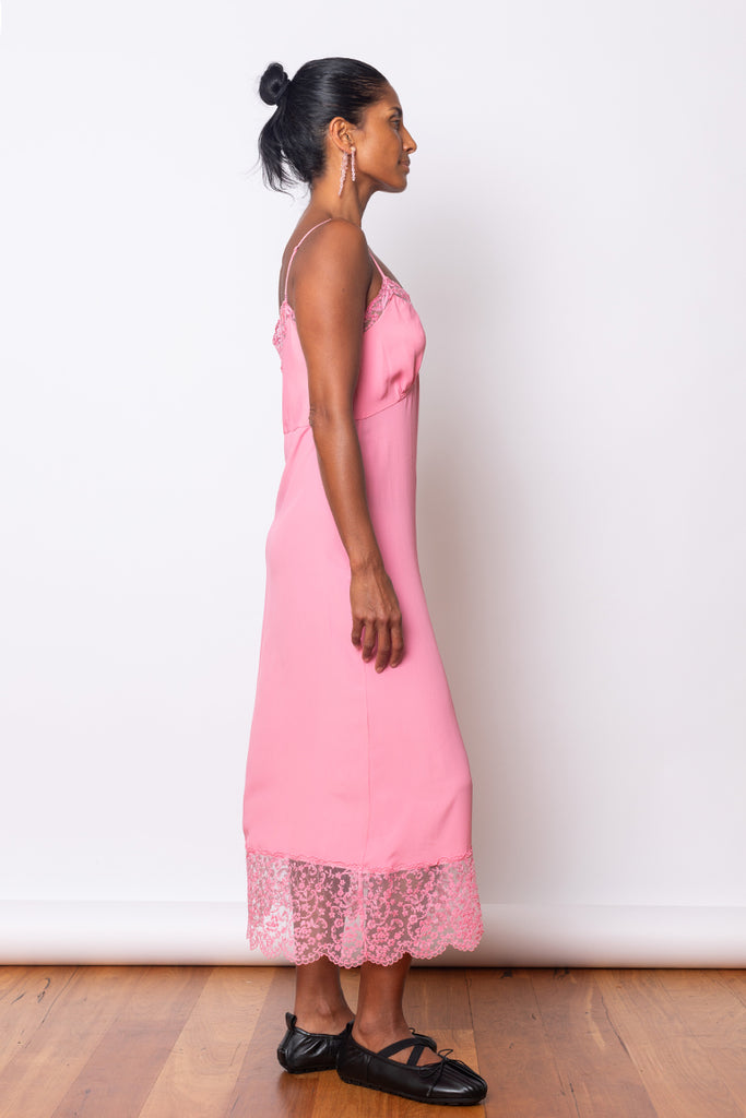 Deep Lace Trim Slip Dress - Bright Pink