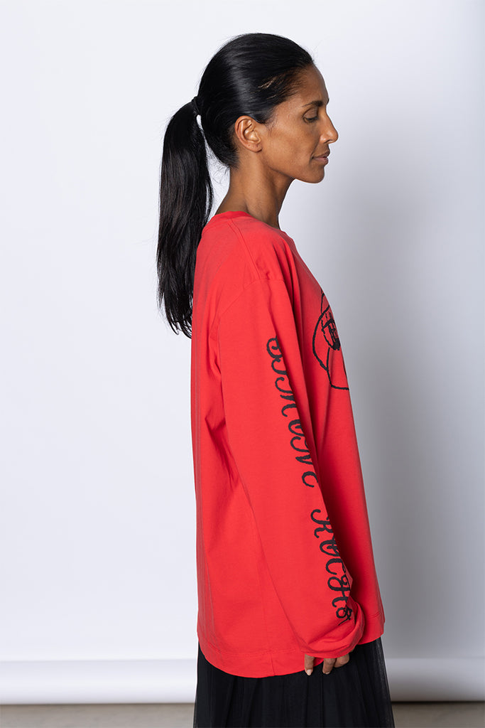 Dim Sum Logo Print Long Sleeve T-Shirt - Red/Black
