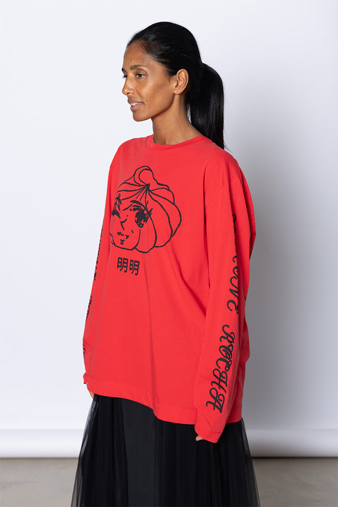 Dim Sum Logo Print Long Sleeve T-Shirt - Red/Black