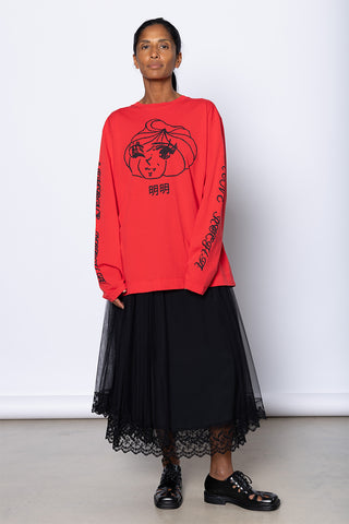 Dim Sum Logo Print Long Sleeve T-Shirt - Red/Black