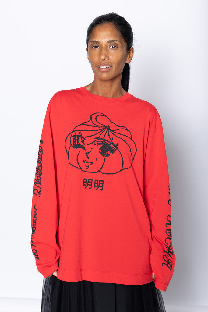 Dim Sum Logo Print Long Sleeve T-Shirt - Red/Black
