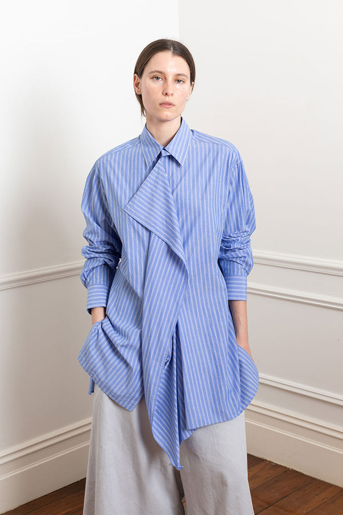 Draped Placket Shirt - Blue Stripe