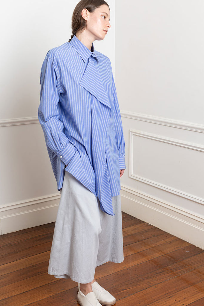 Draped Placket Shirt - Blue Stripe