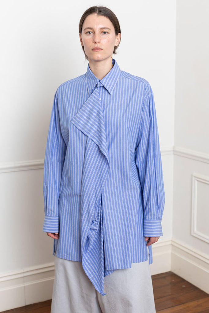 Draped Placket Shirt - Blue Stripe