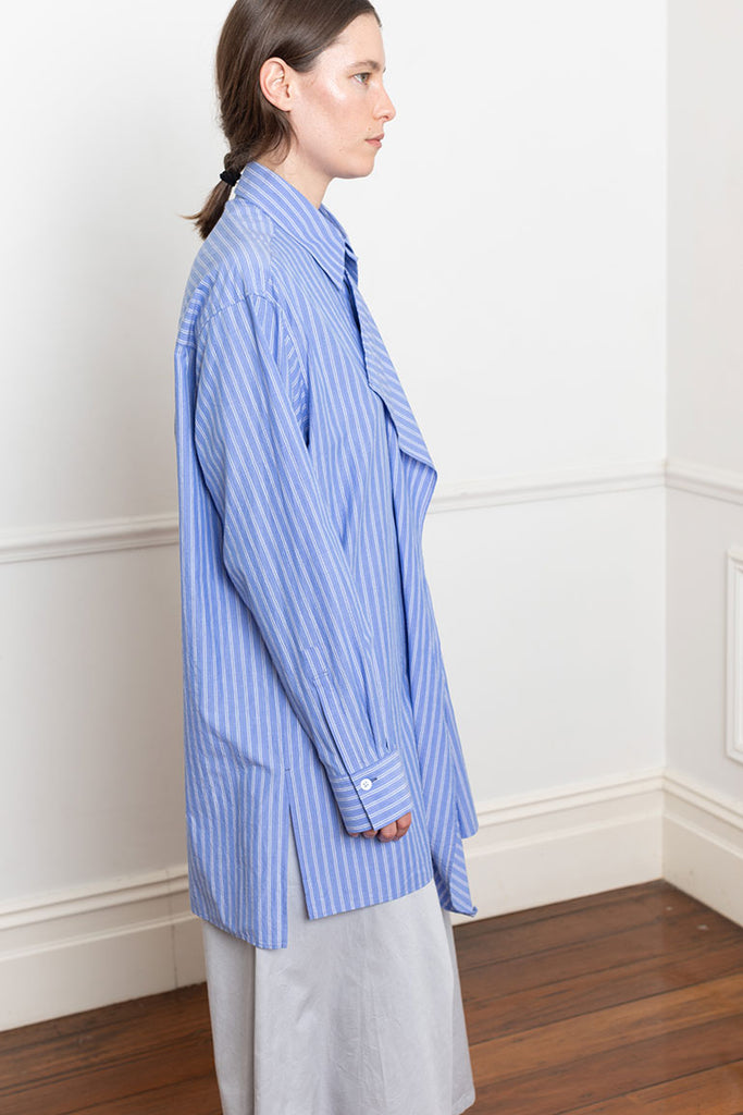 Draped Placket Shirt - Blue Stripe