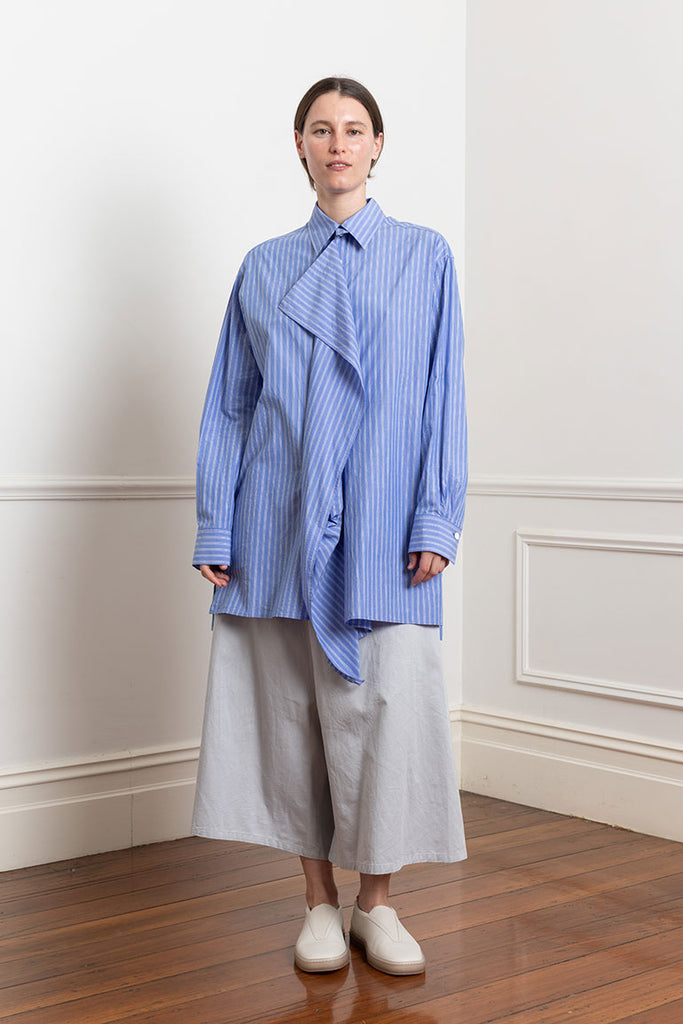 Draped Placket Shirt - Blue Stripe