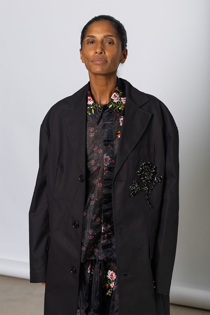 Embellished Boxy Duster Coat - Black/Jet