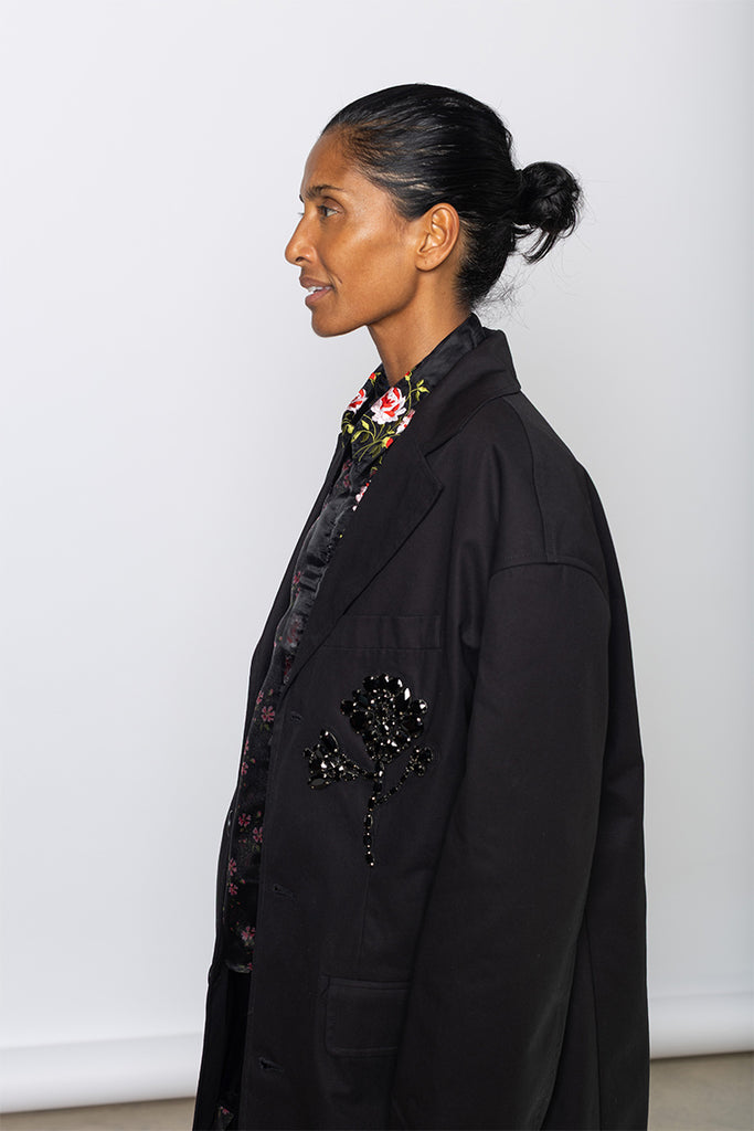 Embellished Boxy Duster Coat - Black/Jet