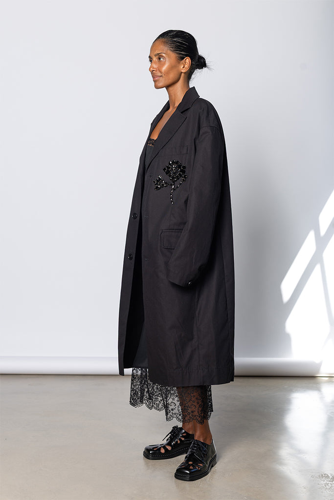 Embellished Boxy Duster Coat - Black/Jet