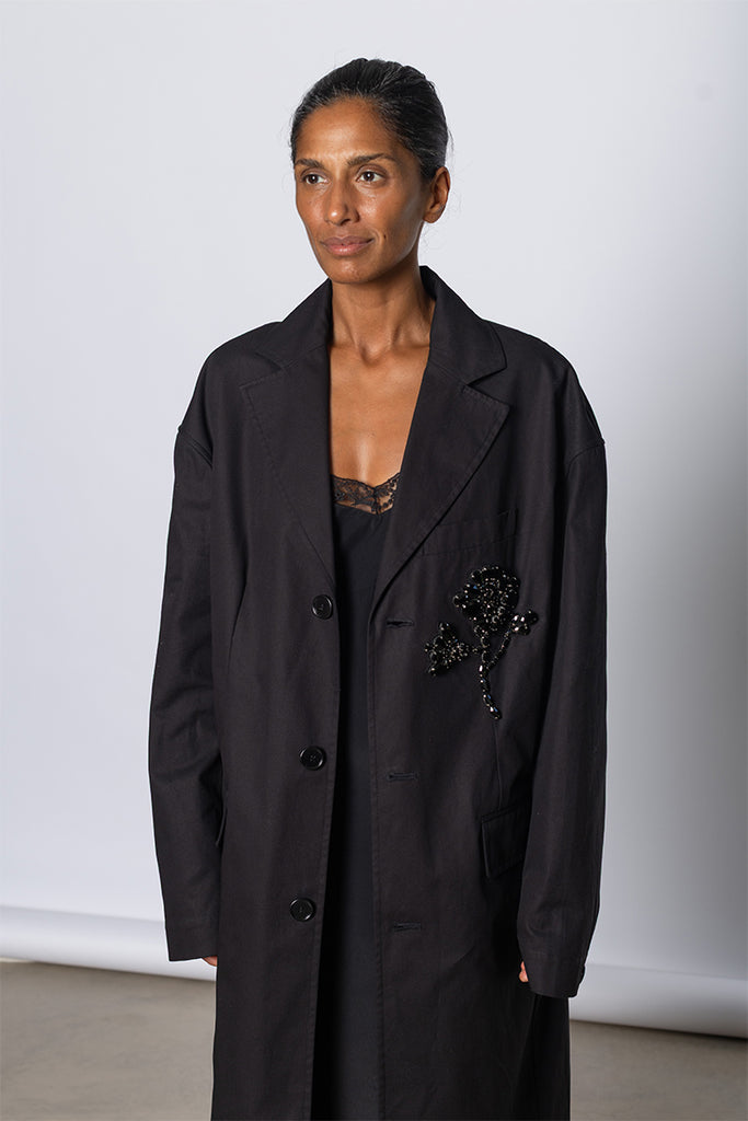 Embellished Boxy Duster Coat - Black/Jet