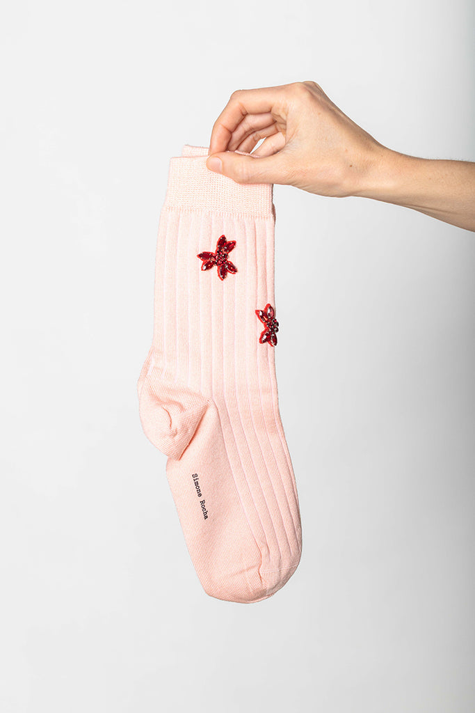 Embellished Merino Silk Ankle Socks - Blush/Red