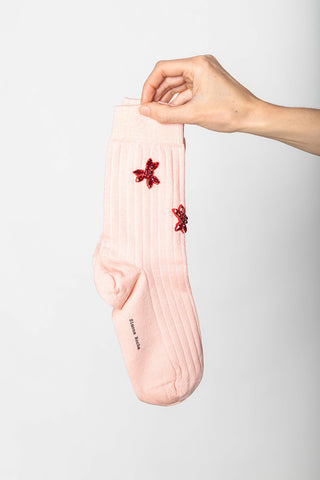 Embellished Merino Silk Ankle Socks - Blush/Red