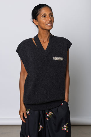 Embellished Merino Seam Bite Vest - Charcoal/Pearl