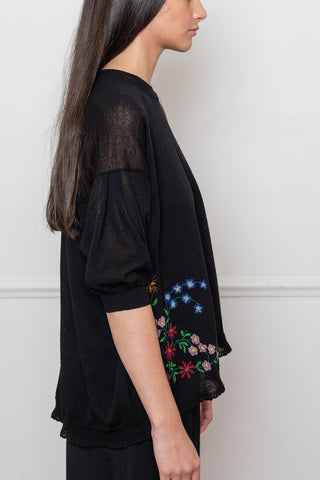 Embroidered Short Sleeve Sweater - Black