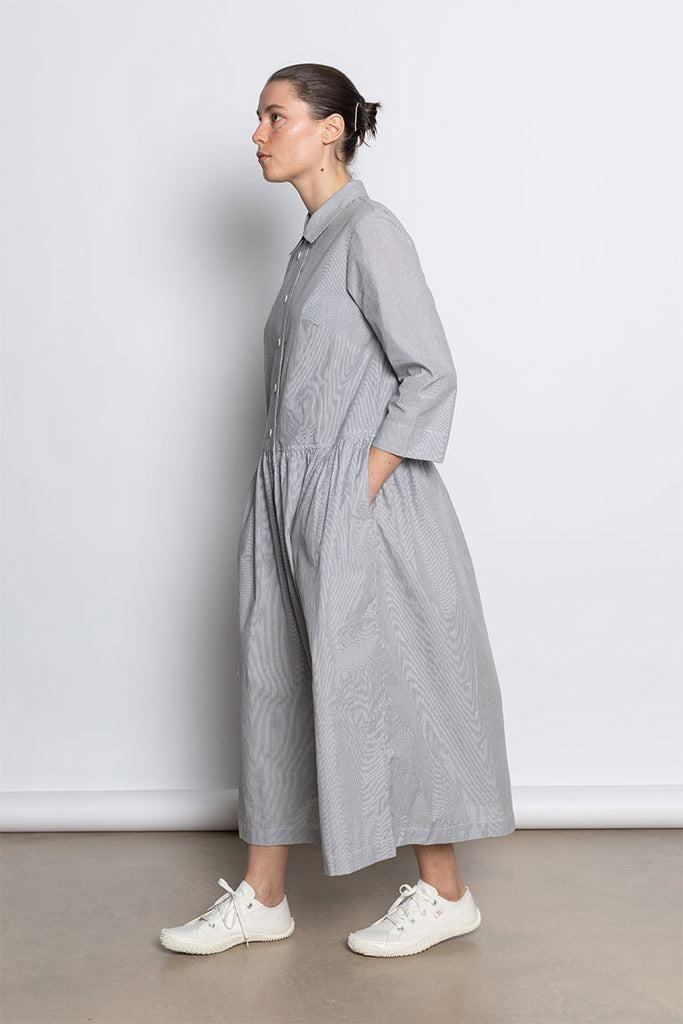 Fine Stripe Cotton Shirt Dress - Ecru/Slate