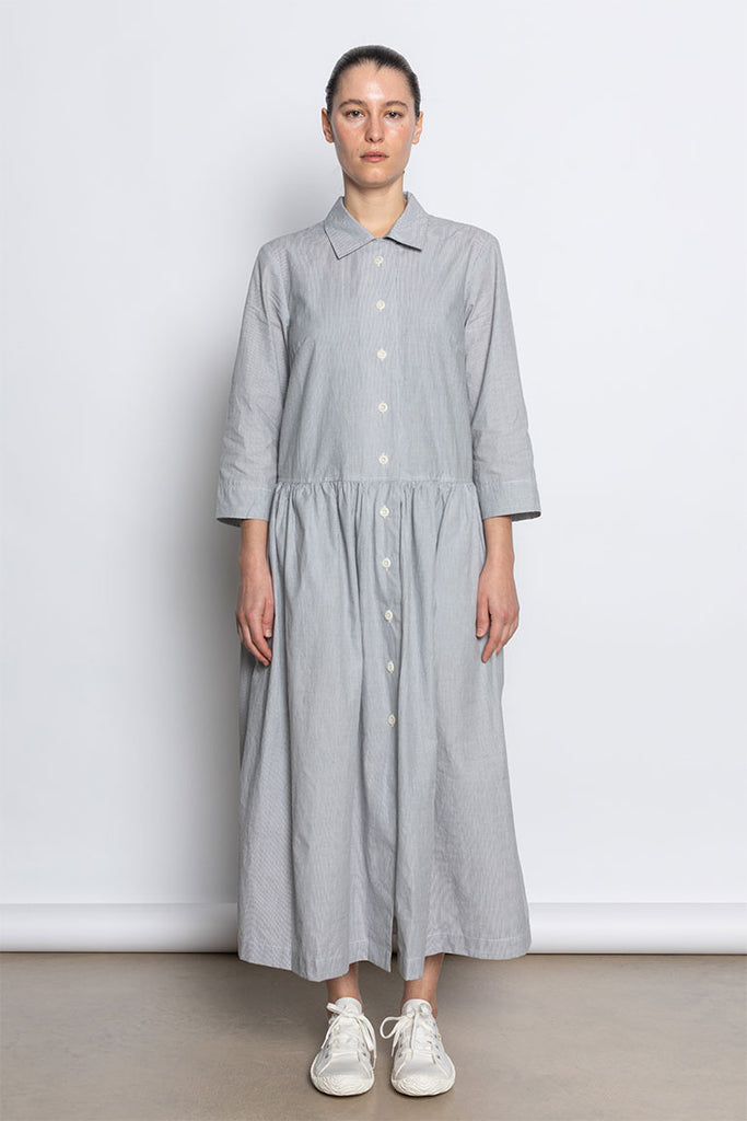 Fine Stripe Cotton Shirt Dress - Ecru/Slate