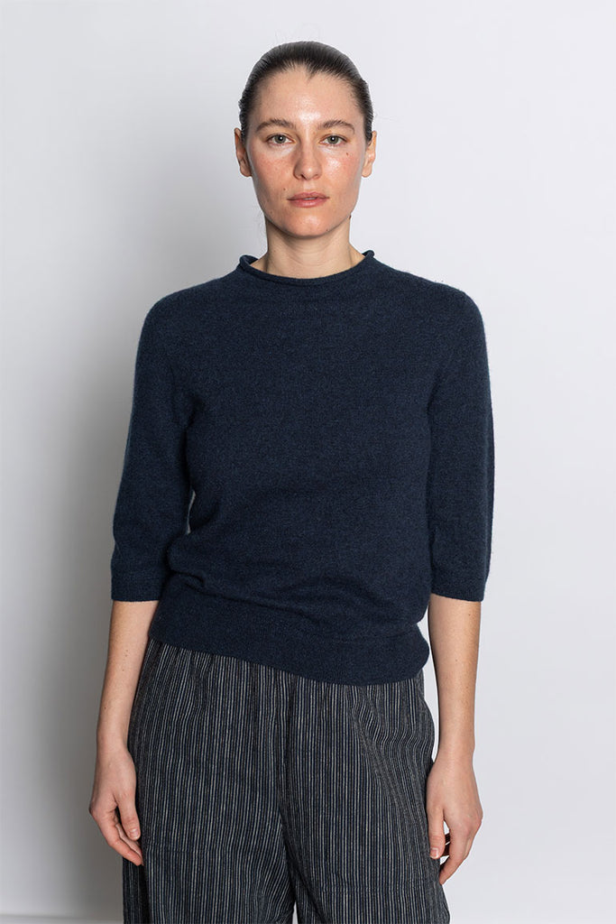 Fine Wool Cashmere Half Sleeve Sweater - Darkest Navy