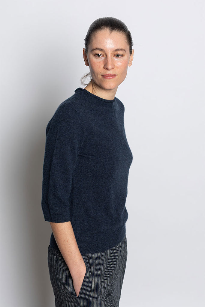 Fine Wool Cashmere Half Sleeve Sweater - Darkest Navy