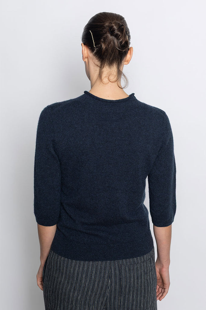 Fine Wool Cashmere Half Sleeve Sweater - Darkest Navy