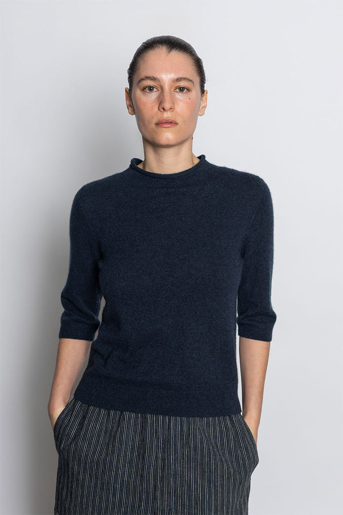 Fine Wool Cashmere Half Sleeve Sweater - Darkest Navy