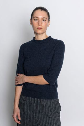 Fine Wool Cashmere Half Sleeve Sweater - Darkest Navy
