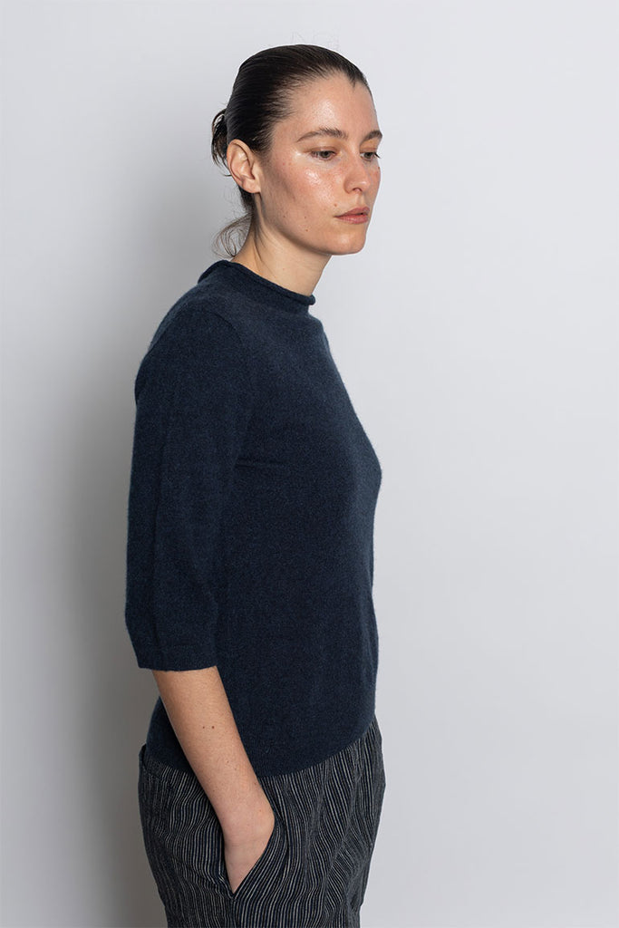 Fine Wool Cashmere Half Sleeve Sweater - Darkest Navy