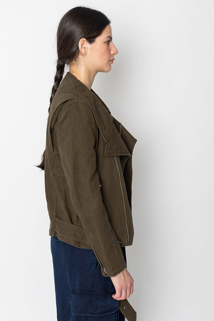 Flax Cotton Biker Jacket - Khaki