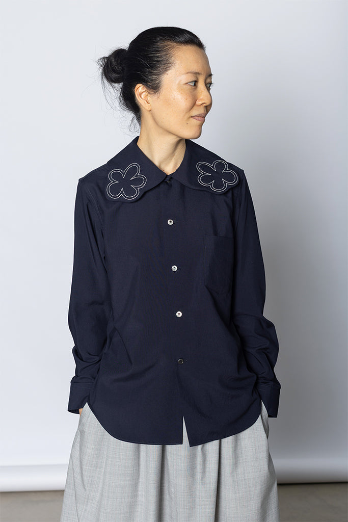 Flower Collar Blouse - Navy