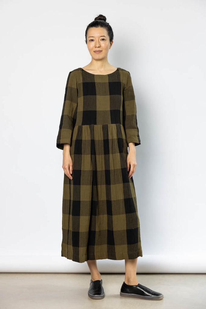 Freya Crinkle Cotton Dress - Olive/Black