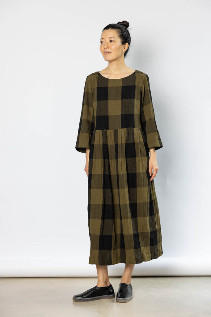 Freya Crinkle Cotton Dress - Olive/Black
