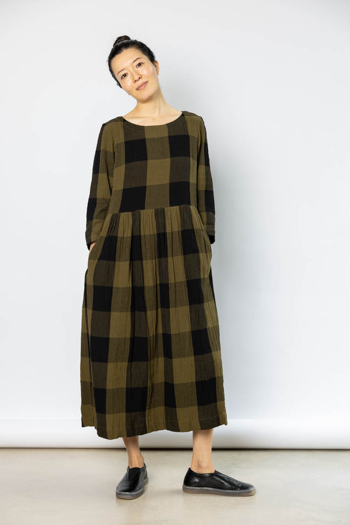 Freya Crinkle Cotton Dress - Olive/Black